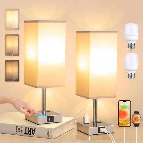 L&aacute;mparas de Mesa y Bur&oacute; Contiene Bombilla, L&aacute;mpara de Noche de Control T&aacute;ctil, 2 Puertos USB (A+C) y 2 Salidas de CA, 3 Niveles de Brillo, para Dormitorio, Sala de Estar, Oficina de Lectura