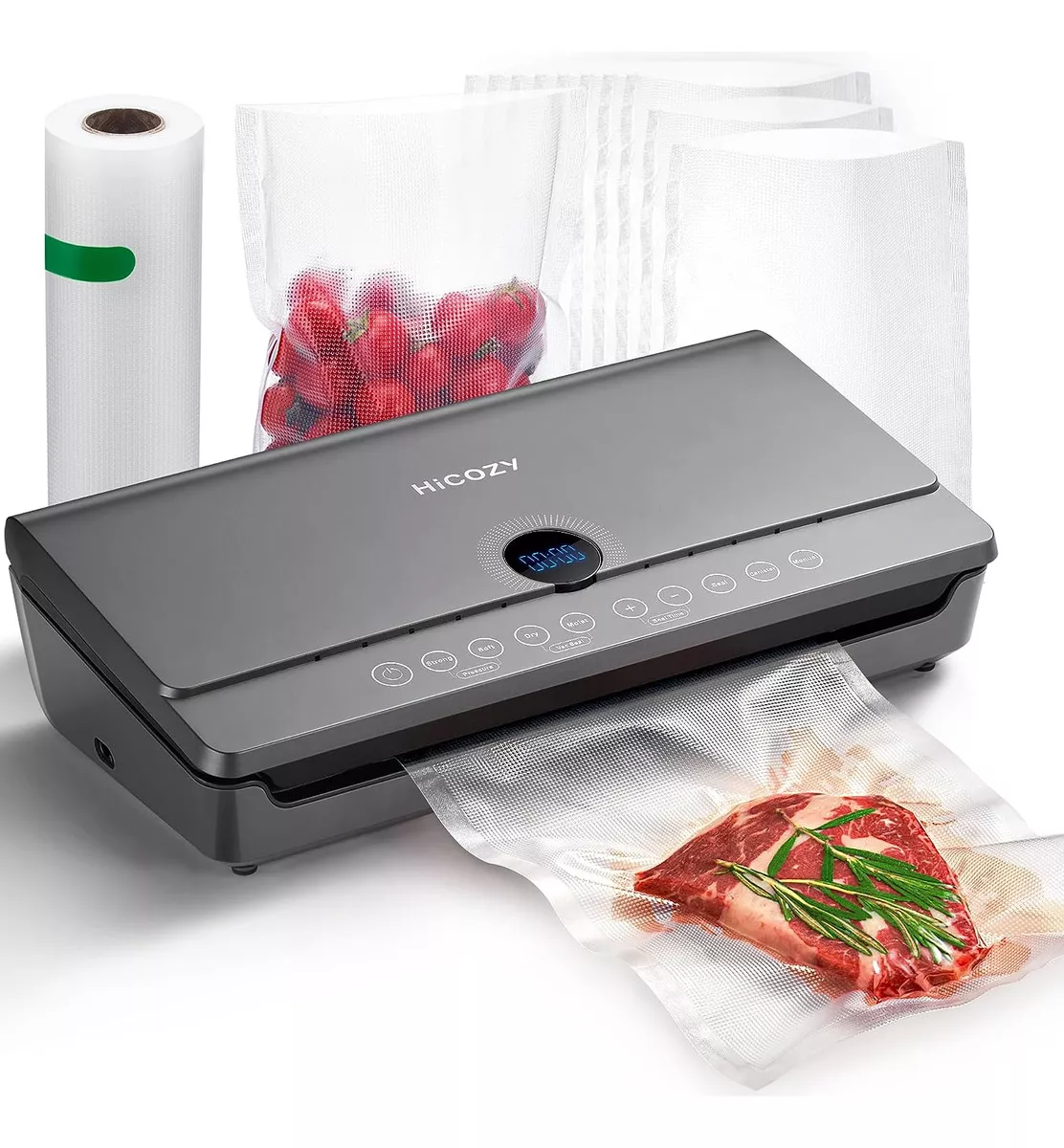 Hicozy M&aacute;quina Selladora Al Aspiradora De Alimentos Con Cortador Integrado Y Almacenamiento De Bolsas Con 10 Bolsas Selladoras Al Aspiradora Sin Bpa 1 Bolsa De Rodillo Empacadora Sellado Al Vacio
