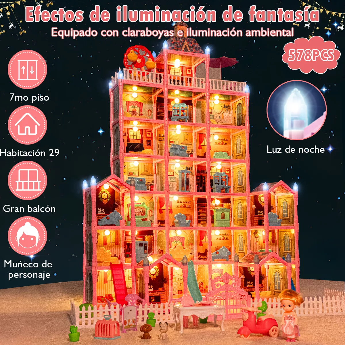 Casa De Muñecas Niña 578pcs Con Tobogán Luz Led 29 Espacios