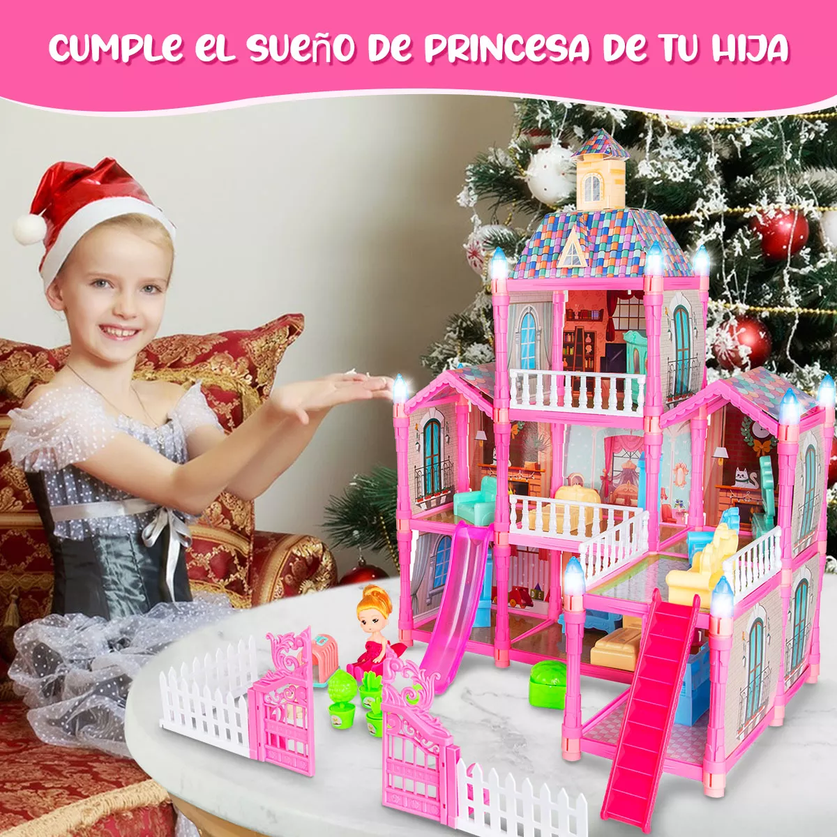 Casa De Muñecas Niña Con Tobogán Y Luz Led 192pcs 8 Espacios