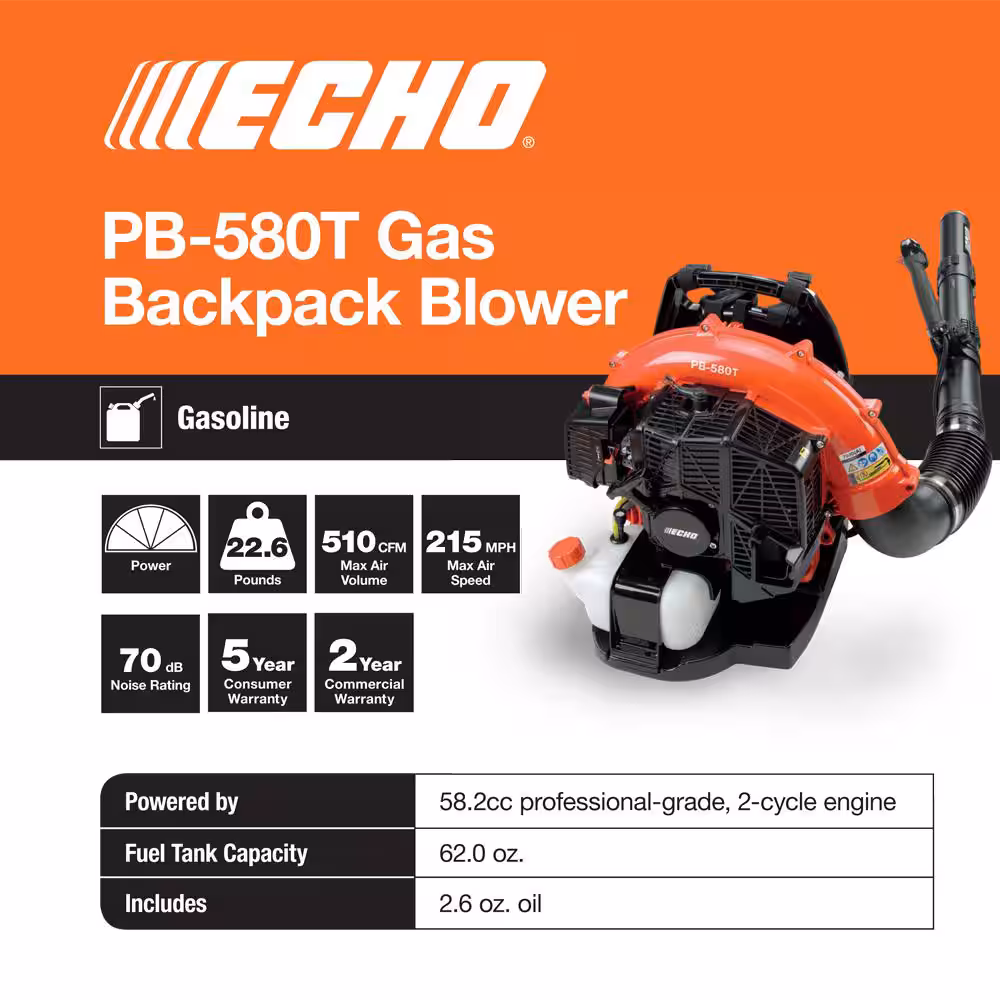 ECHO 216 MPH 517 CFM 58.2cc Gas Mochila de 2 tiempos Soplador de hojas con acelerador de tubo PB-580T