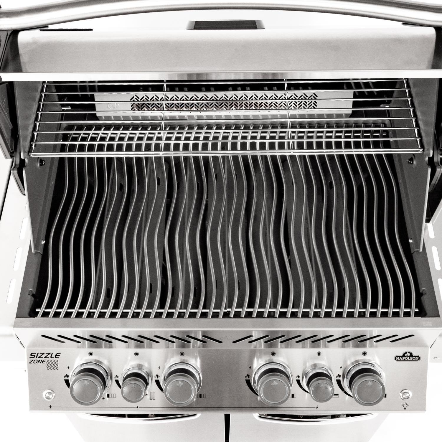 Parrilla de gas propano Napoleon Prestige 500 con quemador trasero infrarrojo y quemador lateral infrarrojo y kit de asador-P500RSIBPSS-3