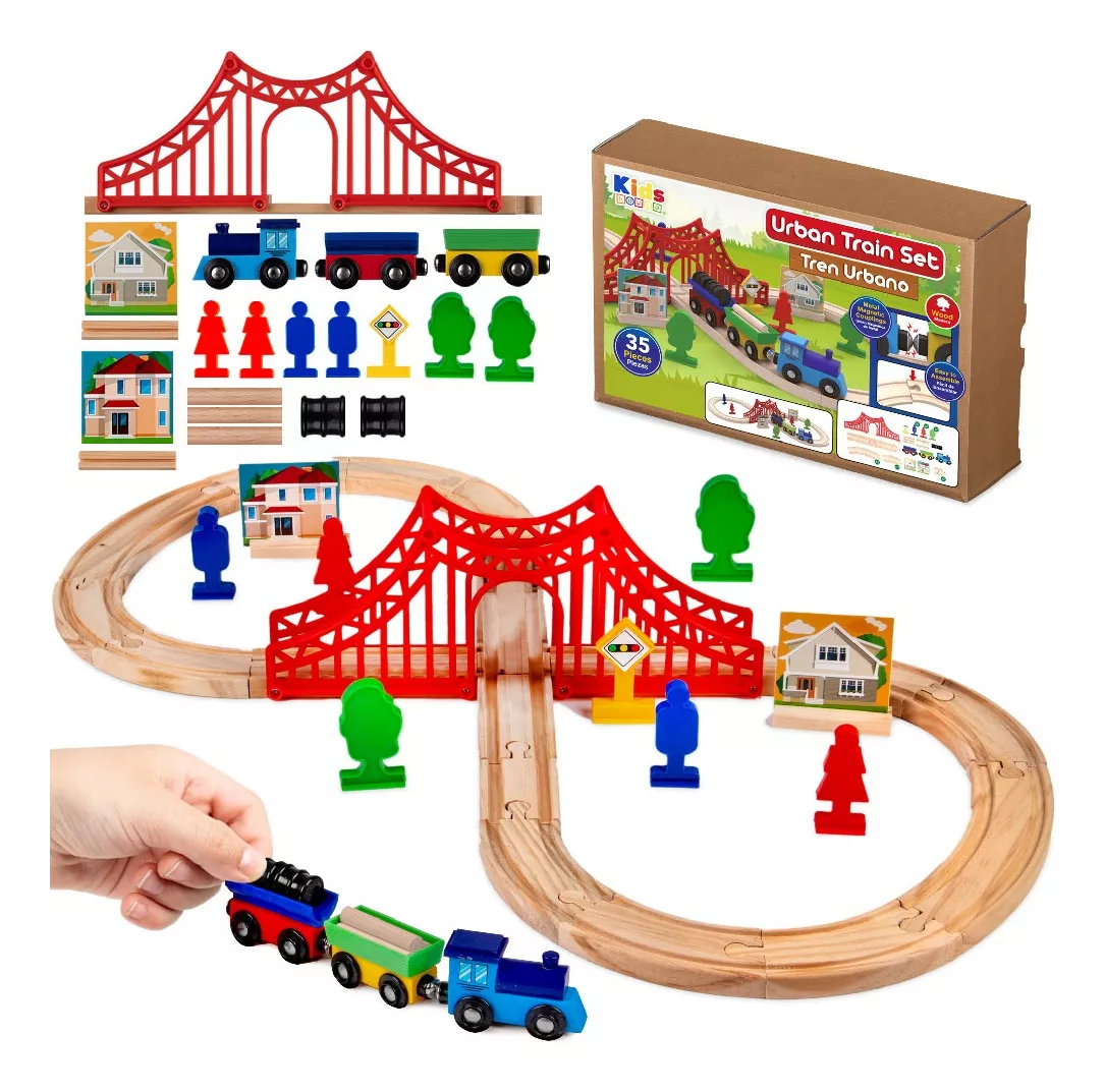 Kids House Tren De Juguete Madera Con Vagones Magn&eacute;ticos, F&aacute;cil Ensamble Puentes y Accesorios. &iexcl;Divi&eacute;rtete Explorando un Mundo de Aventuras!
