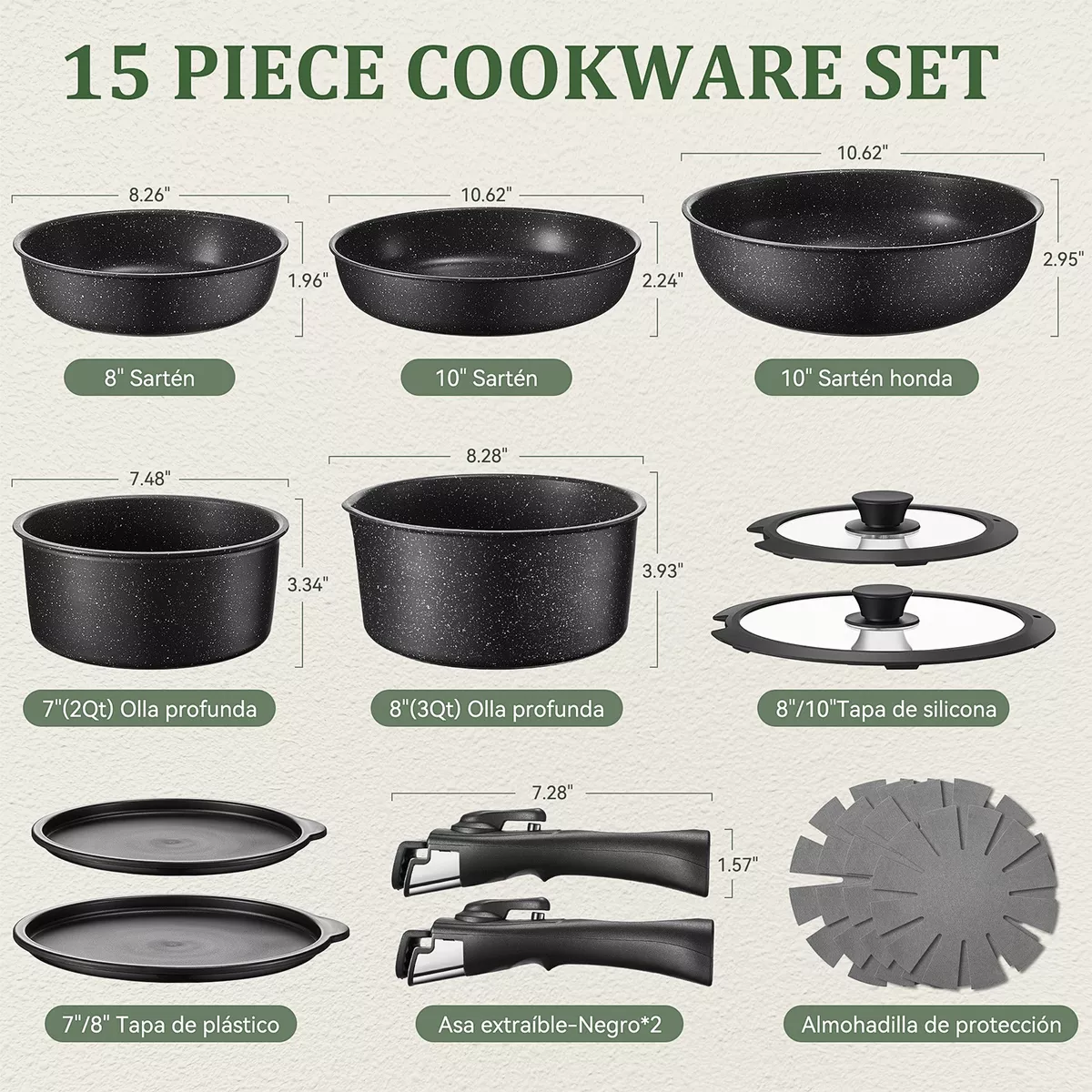 Juego De Ollas Y Sarten Bateria De Cocina Extraíble 15pcs