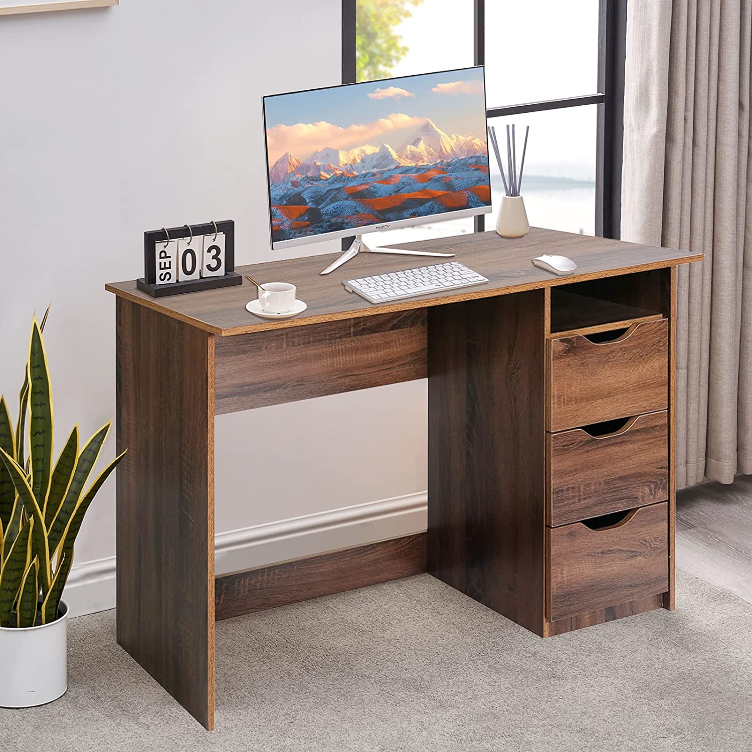 Mesa de Estudio de Escritura Multiprop&oacute;sito para Computadora con 3 Cajones de Gu&iacute;a Deslizantes Laterales Diseo Minimalista Moderno Escritorio de Oficina de Madera Haya