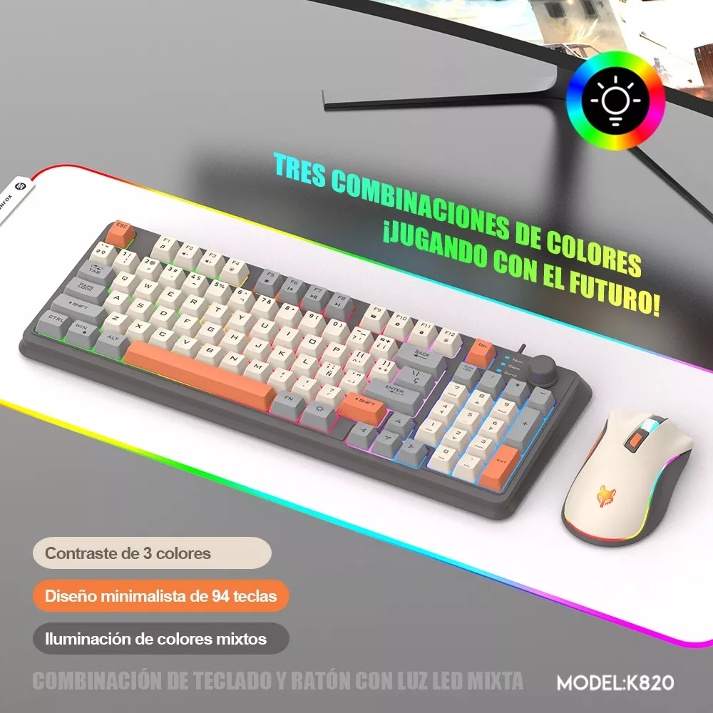 Free Wolf K820 kit De Teclado Y Mouse En Español Con Cable Mouse Blanco Teclado Negro