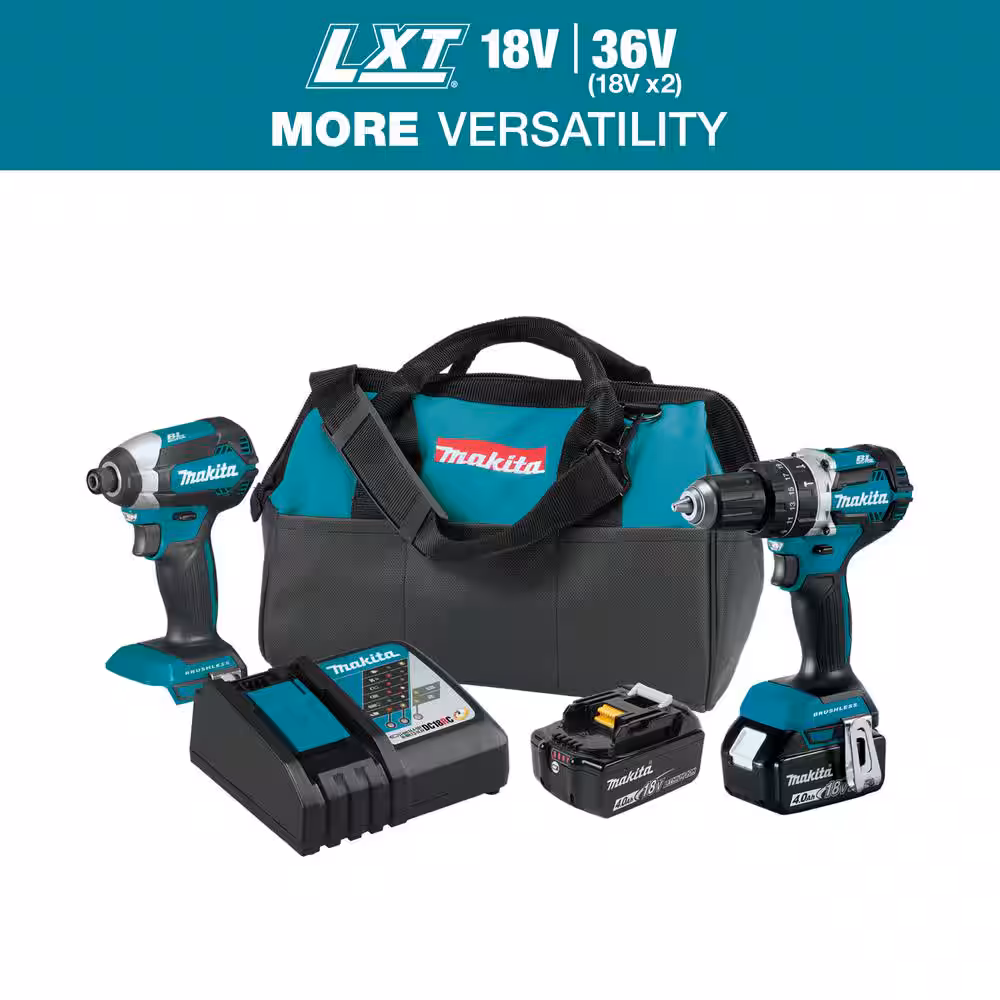 Makita 18V LXT Lithium-Ion Brushless Cordless Hammer Drill y Impact Driver Combo kit (2-Tool) w/(2) 4Ah Batteries, bolsa XT269M