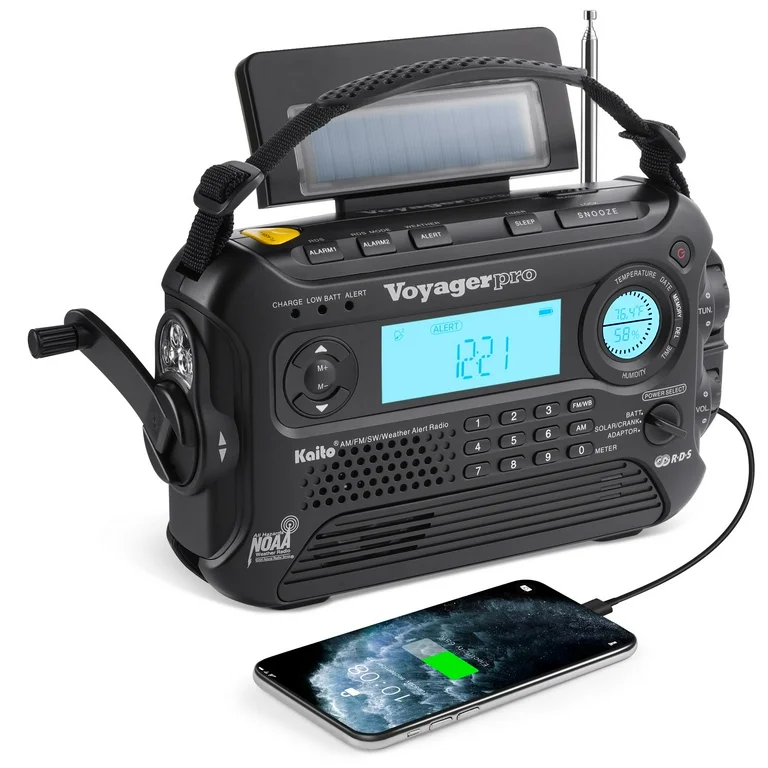 Kaito Voyager Pro KA600 Dinamo solar digital con manivela AM/FM/LW/SW y radio de emergencia meteorol&oacute;gica NOAA con linterna, l&aacute;mpara de lectura, cargador de tel&eacute;fono inteligente y RDS y alerta en tiem