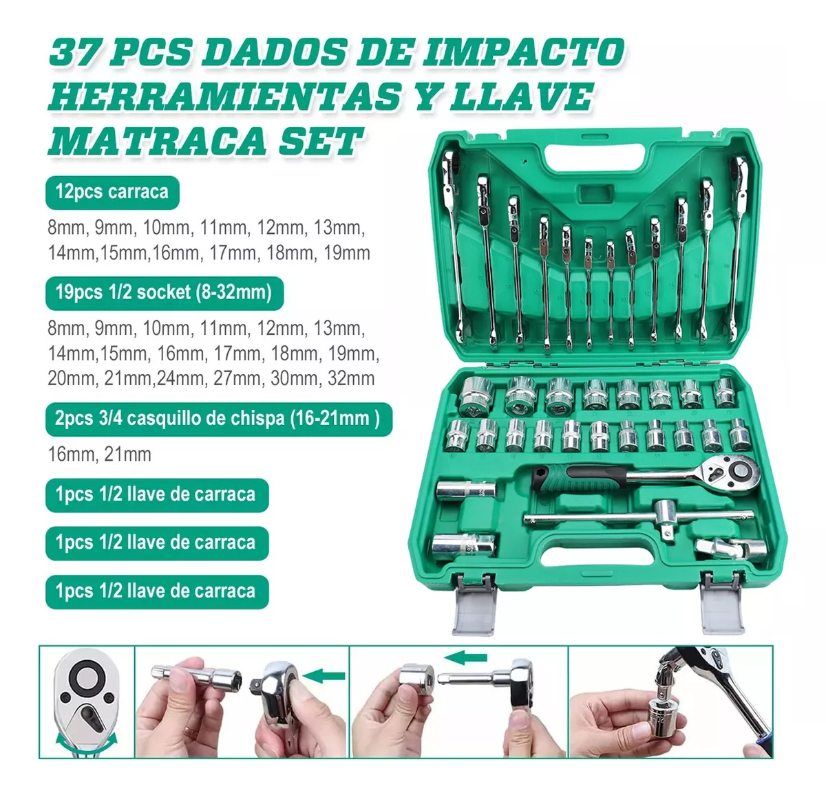 kit Llave Matraca Mecánicas Y Dados Impacto Herramienta 37pc