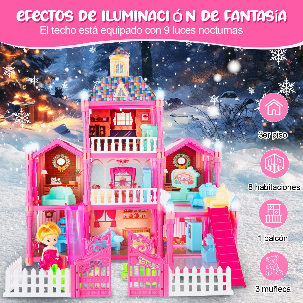 Casa De Muñecas Niña Con Tobogán Y Luz Led 192pcs 8 Espacios