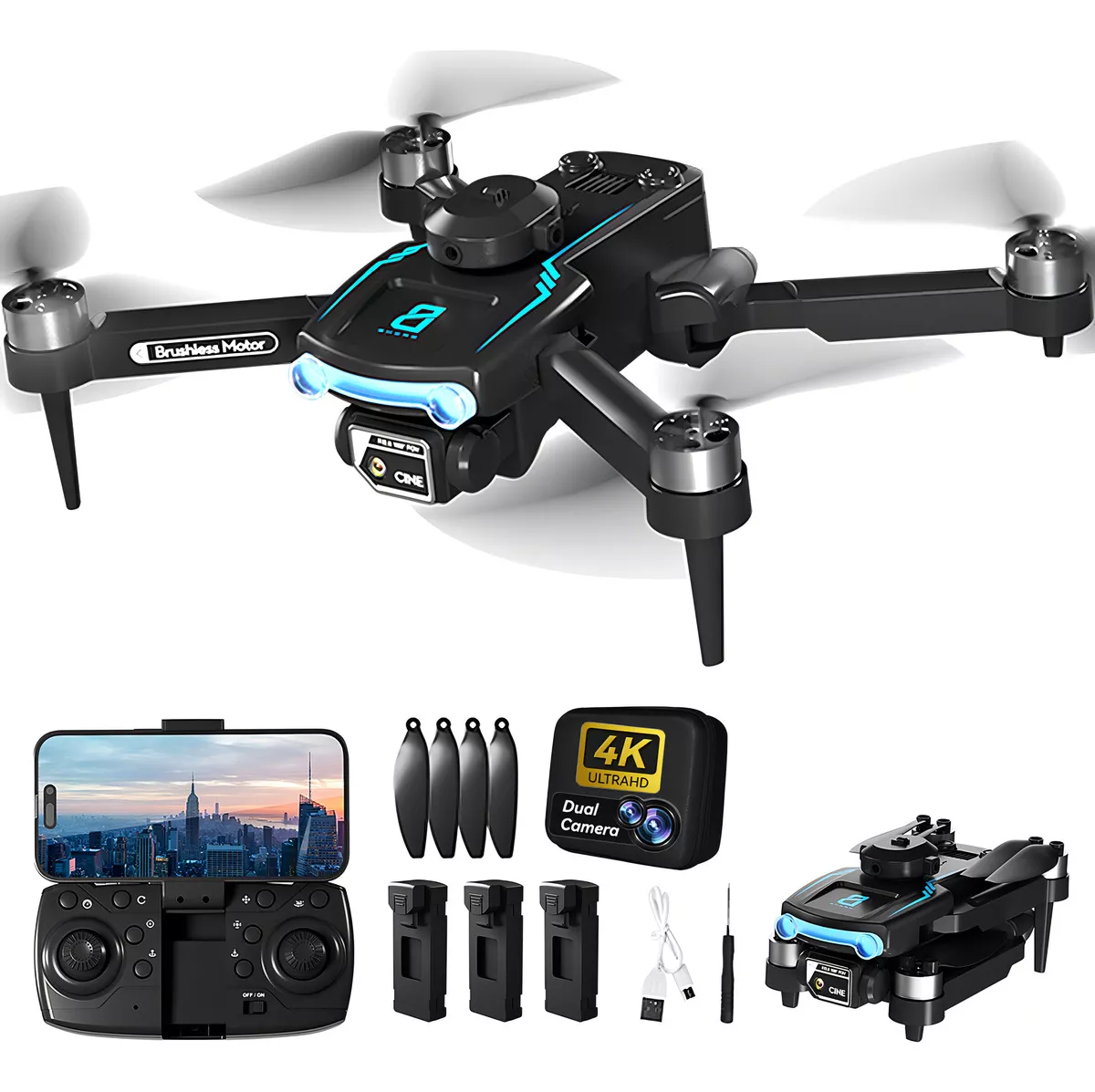 Mini Dron 4K con Doble C&aacute;mara HD Profesional Plegable Wifi Tres Bater&iacute;as Sin Escobillas 2.4Ghz Negro