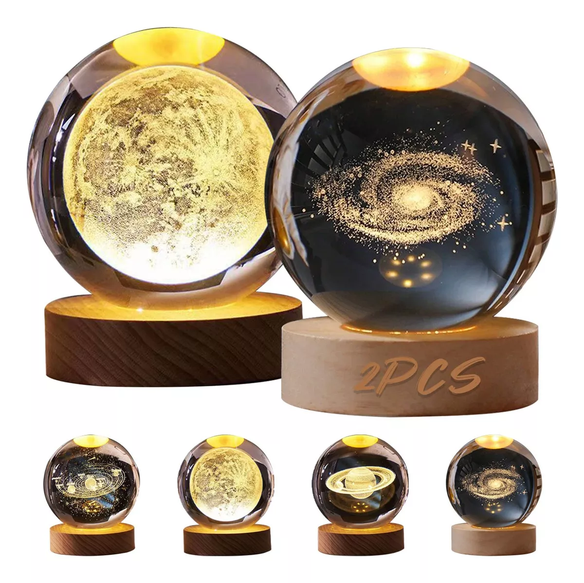 2pcs Led Luz De Noche 3d Luna Saturno Bola De Cristal