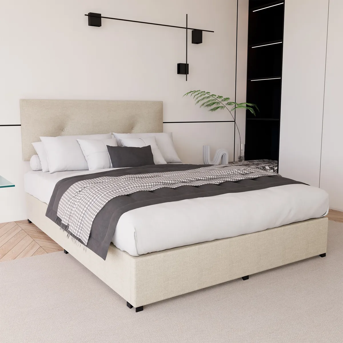 Recamara Cama Cabecera Urban Matrimonial Madera Tapiz Beige