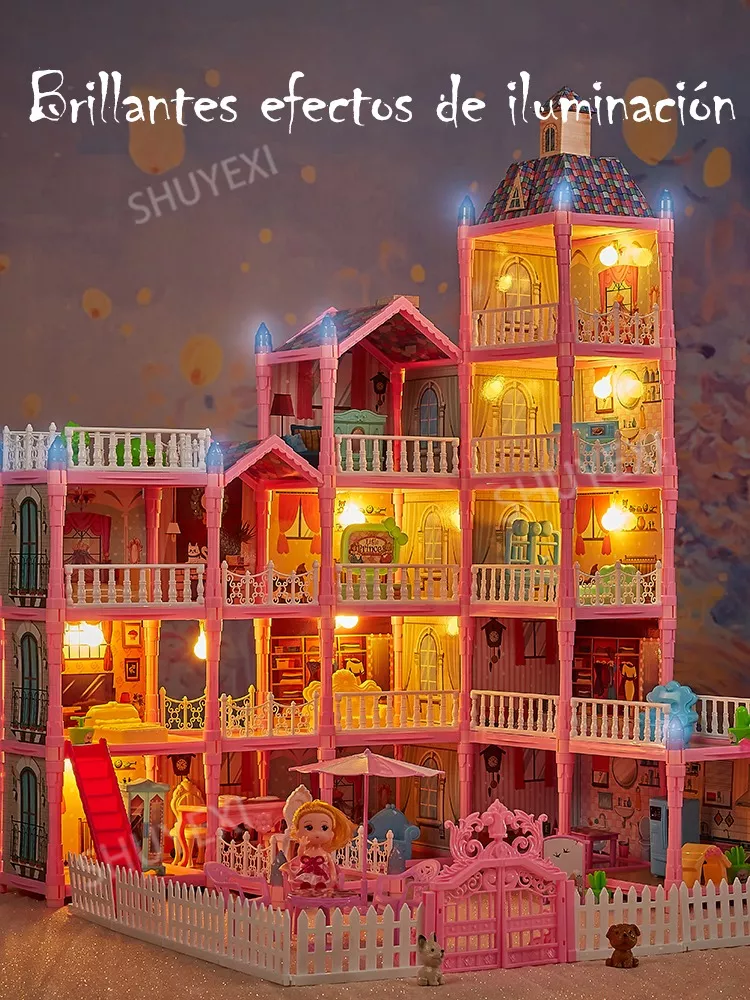 Casa De Muñecas Niña Rosa Con Tobogán De Luz Led Y Muñeca