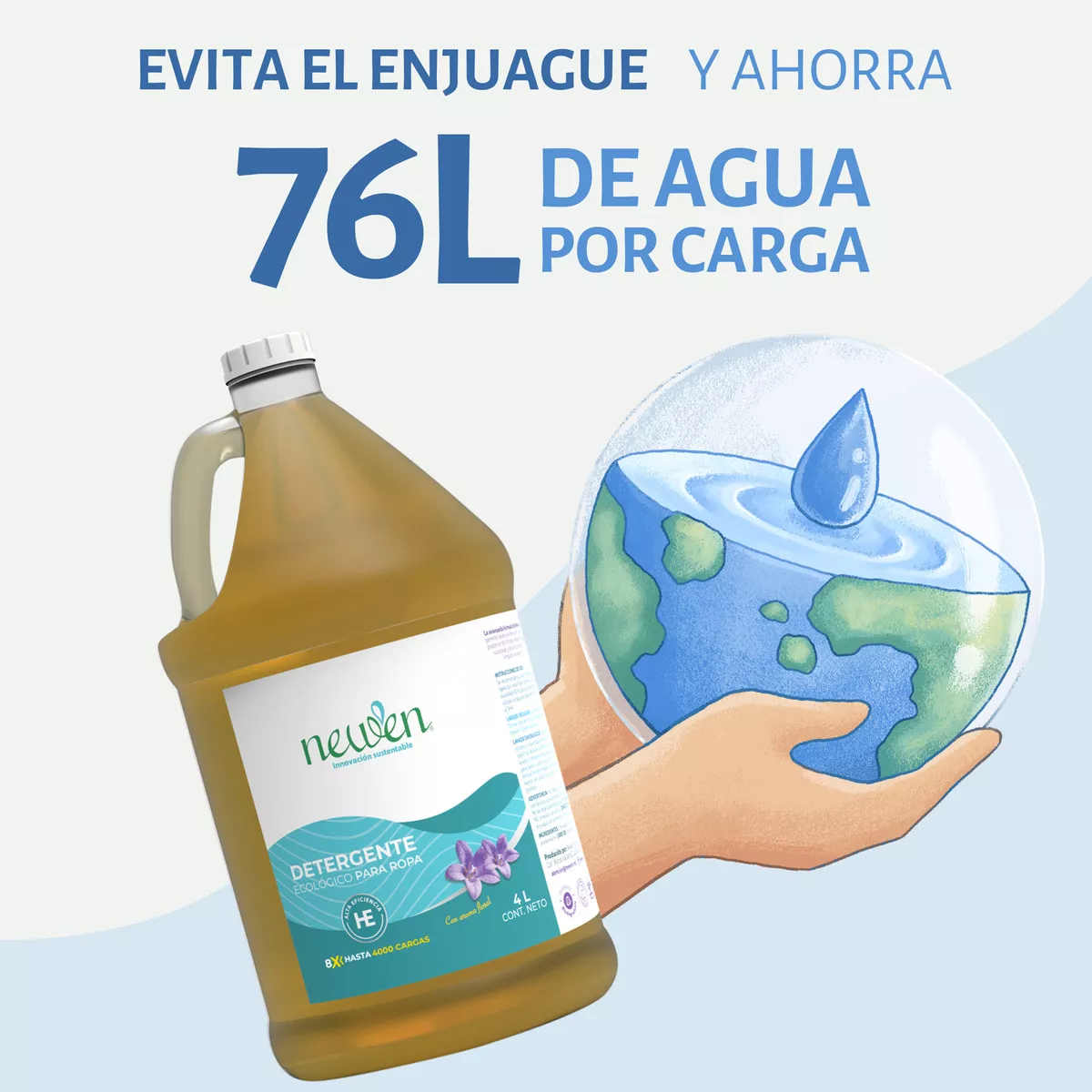 Newen 4 litros detergente líquido sin enjuague para ropa biodegradable con pH neutro y rinde hasta 400 cargas de lavado