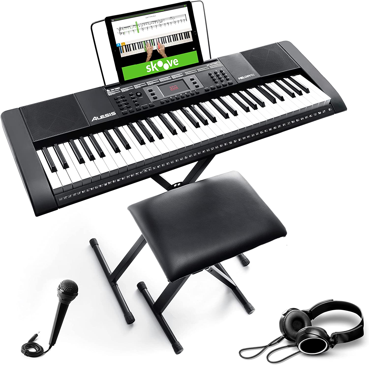Alesis Melody 61-Piano el&eacute;ctrico con 61 teclas, Teclado Musical con altavoces, aud&iacute;fonos, micr&oacute;fono, soporte para piano, atril y taburete