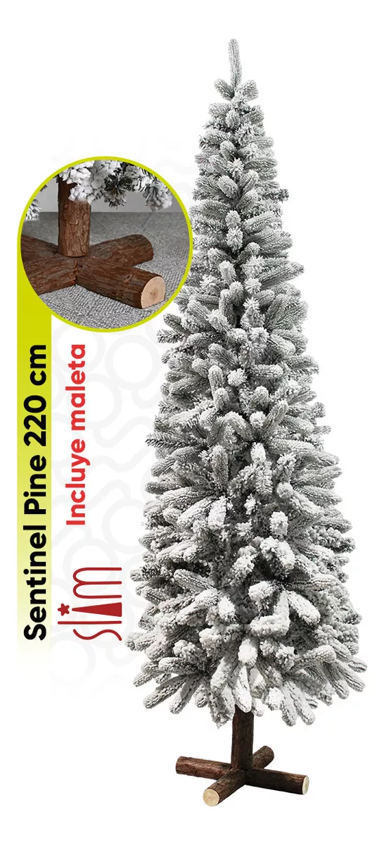 &Aacute;rbol De Navidad Nevado Sentinel Pine Slim Tipo L&aacute;piz Ramas Premium material Polietileno (pe) Pino Navide&ntilde;o Artego 220 Cm De Alto Con Base Madera Real + Maleta Transportadora &aacute;rbol de Navidad