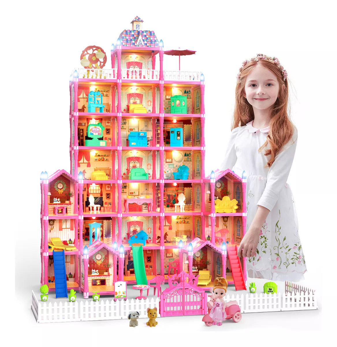Casa De Mu&ntilde;ecas Ni&ntilde;a 578pcs Con Tobog&aacute;n Luz Led 29 Espacios