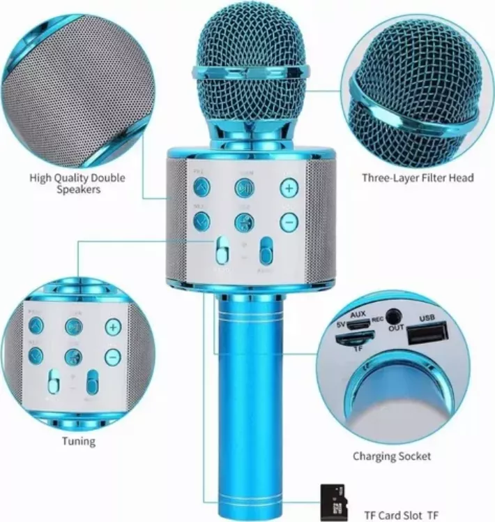 Micrófono De Karaoke Inalámbrico Con Bluetooth Y Bocina Azul Jutang 001