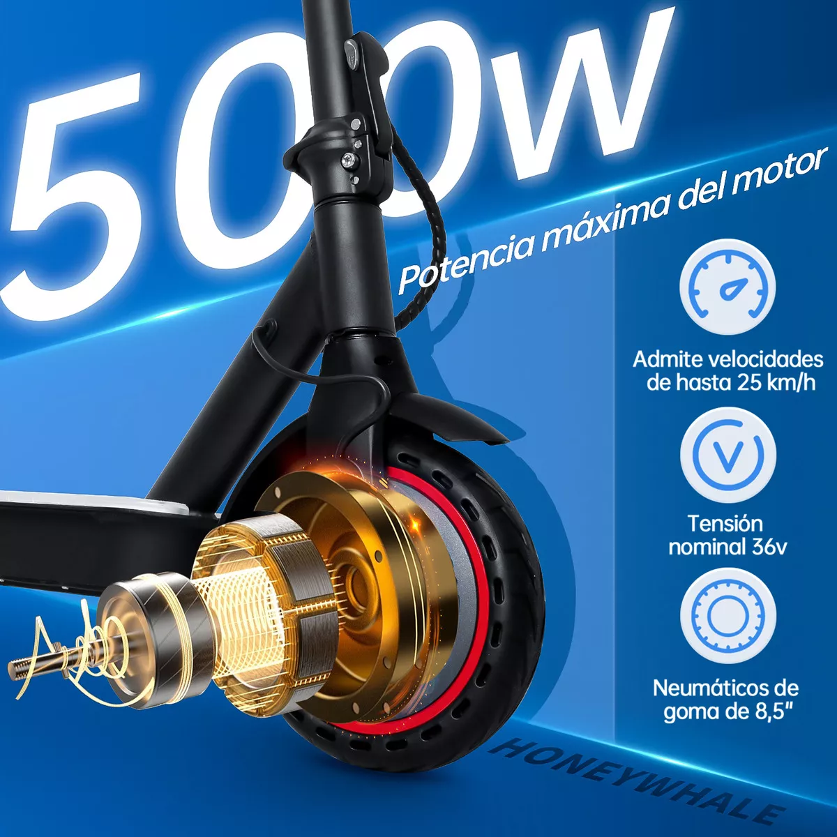 Scooter Eléctrico Patín Plegable Para Adultos S2-V2 Honey Whale Patin Electrico Con Motor Sin Escobillas Potencia Máxima 500w, Velocidad Máxima De 30km/h Con Luz Led En 4 Colores