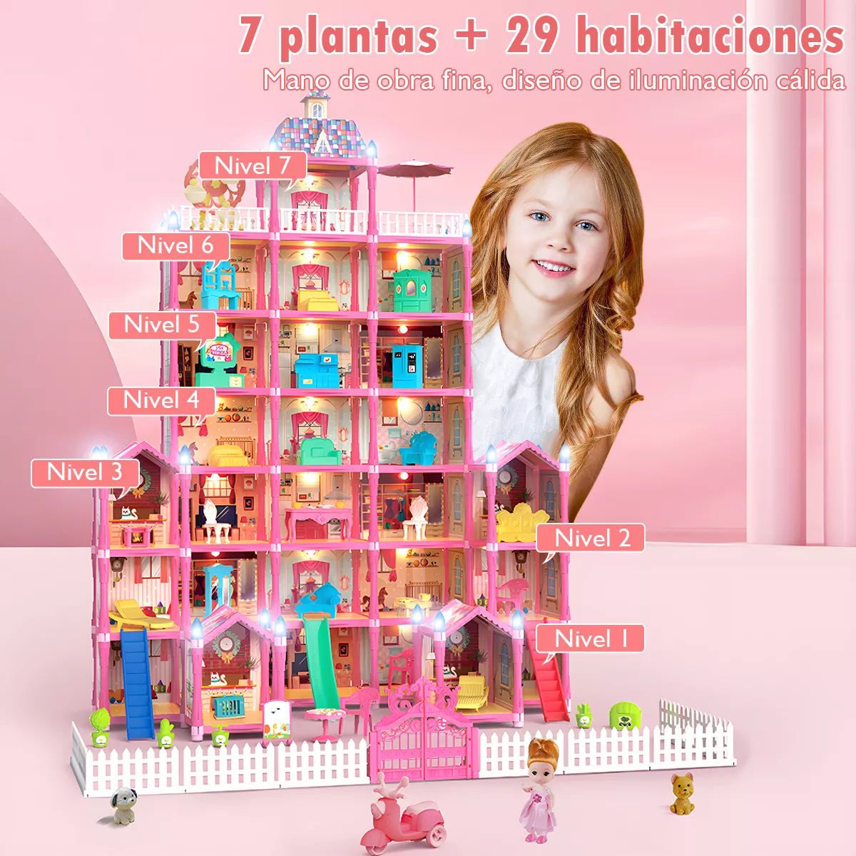 Casa De Muñecas Niña 578pcs Con Tobogán Luz Led 29 Espacios