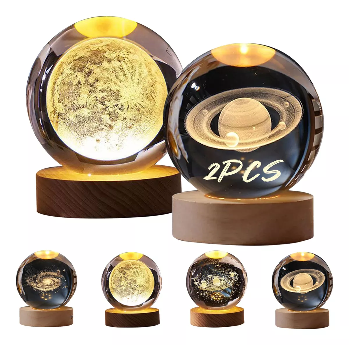 2pcs Led Luz De Noche 3d Luna Saturno Bola De Cristal