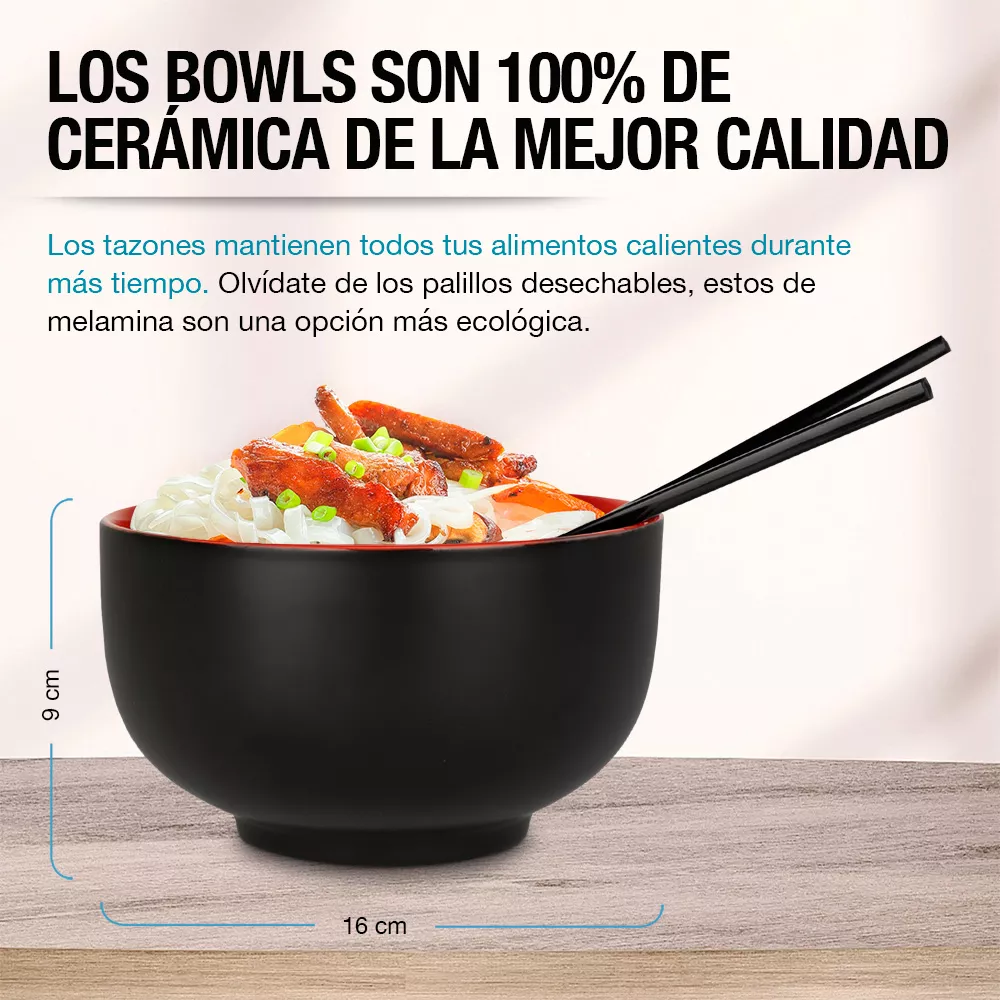 4 Platos de Cerámica para Ramen Extra Grandes (1 Litro), Incluye 4 Palillos Reutilizables de Melamina, Bowls para Noodles, Comida Japonesa y Asiática, Sopa, Cereal