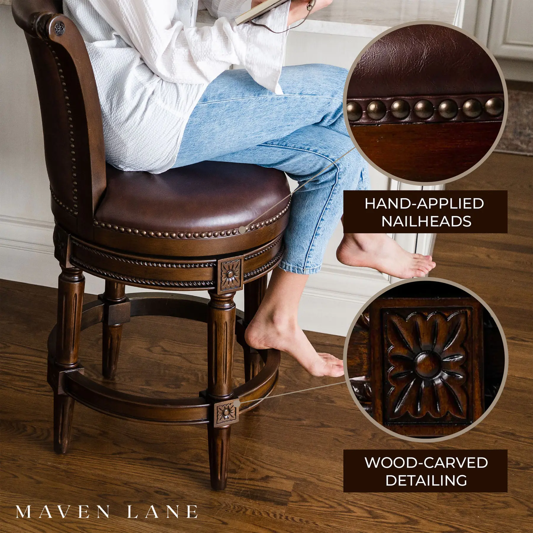 Maven Lane Pullman High-Back cocina Swivel Bar Stool, Dark Walnut, set de 4