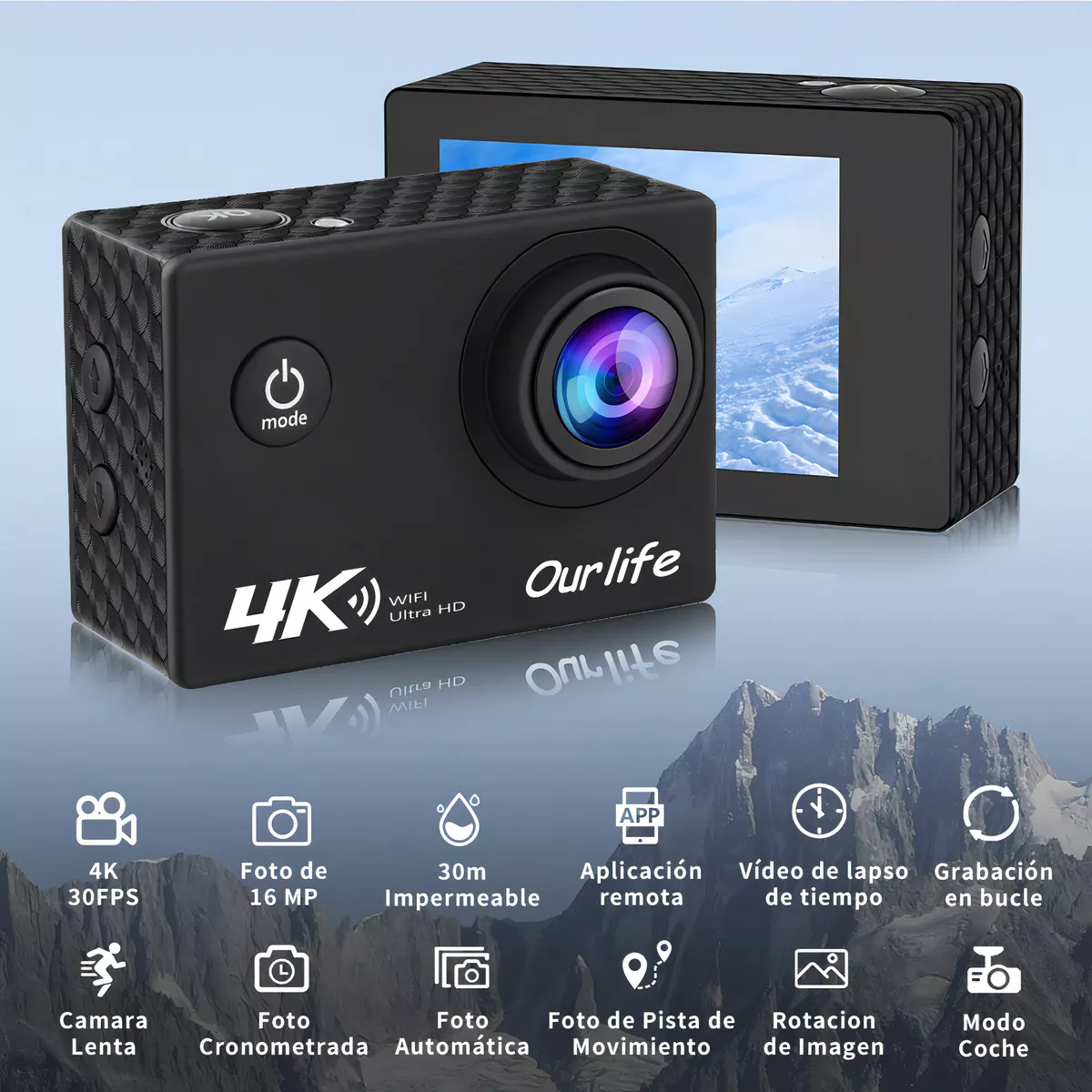 Cámara De Acción Ourlife AT-Q1 4k 30fps Wifi Con 3 Baterías Negra NTSC/PAL