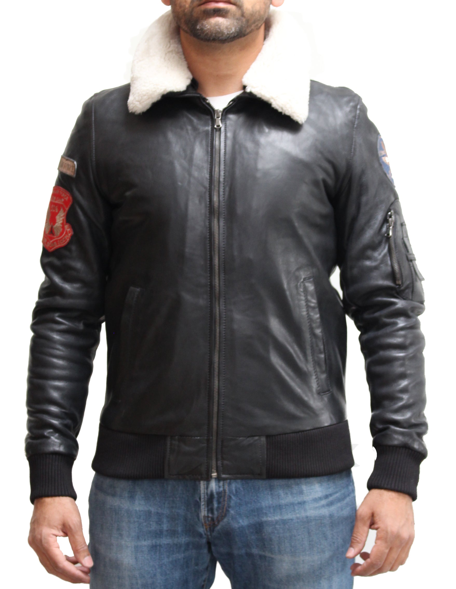 Chaqueta con cuello de piel de oveja negra y crema para hombre - Luke