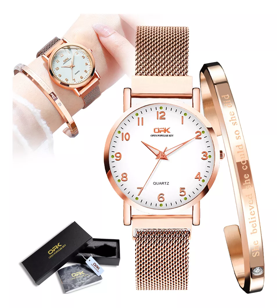 Opk Reloj De Pulsera Brazalet Para Mujer Con Oro Rosa 8115