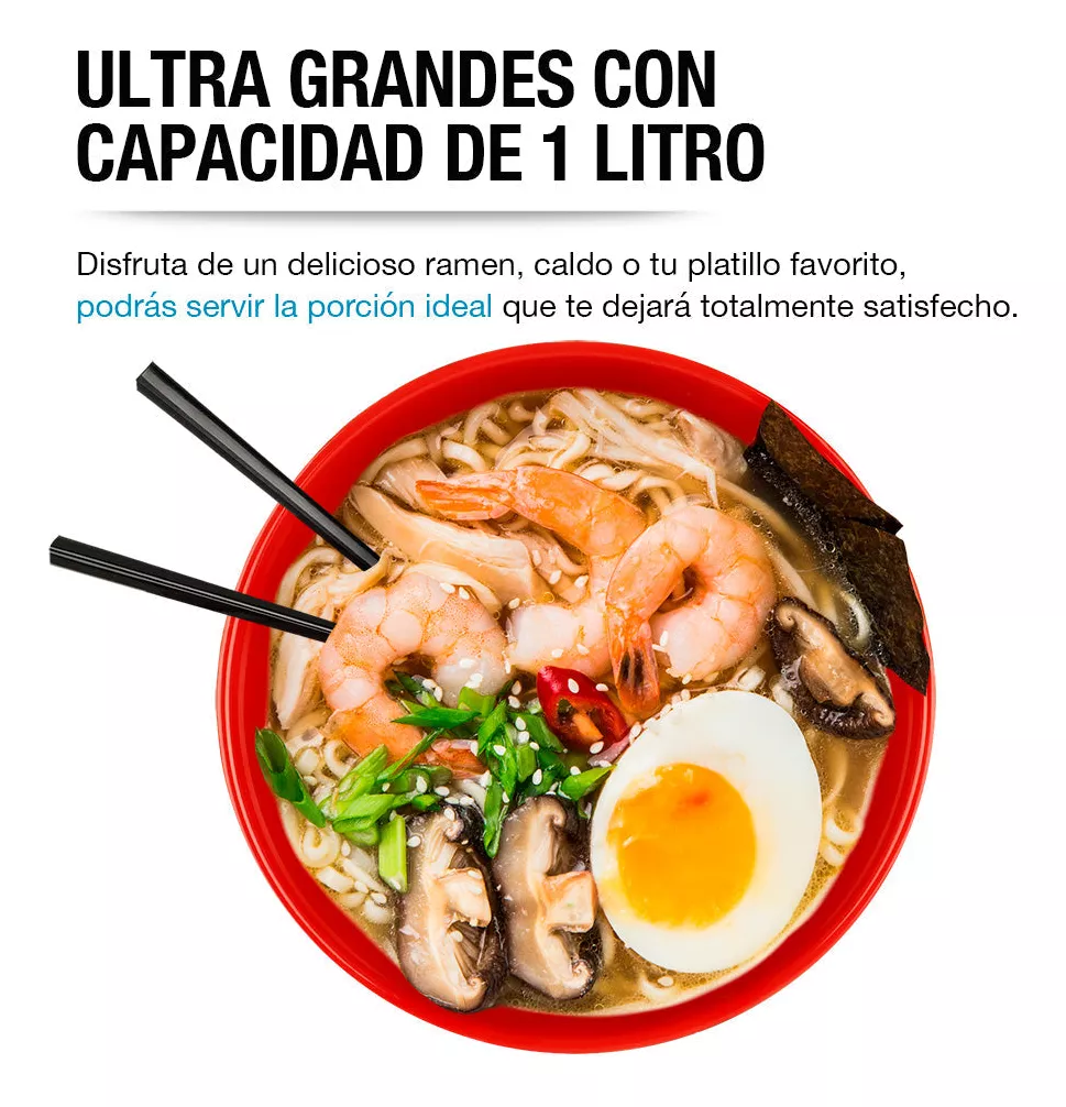 4 Platos de Cerámica para Ramen Extra Grandes (1 Litro), Incluye 4 Palillos Reutilizables de Melamina, Bowls para Noodles, Comida Japonesa y Asiática, Sopa, Cereal