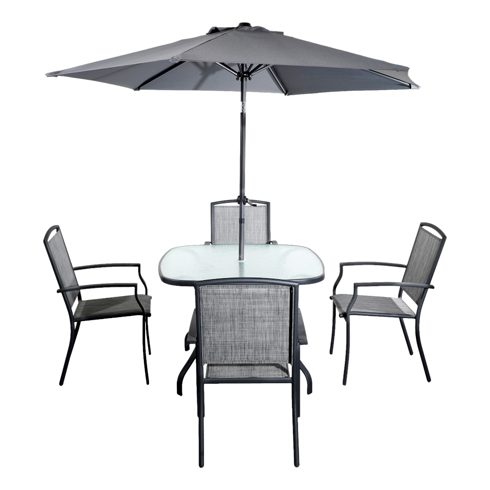 COMEDOR DE JARD&Iacute;N BLACKWELL GRIS 4 SILLAS TELA ESTRUCTURA DE ACERO