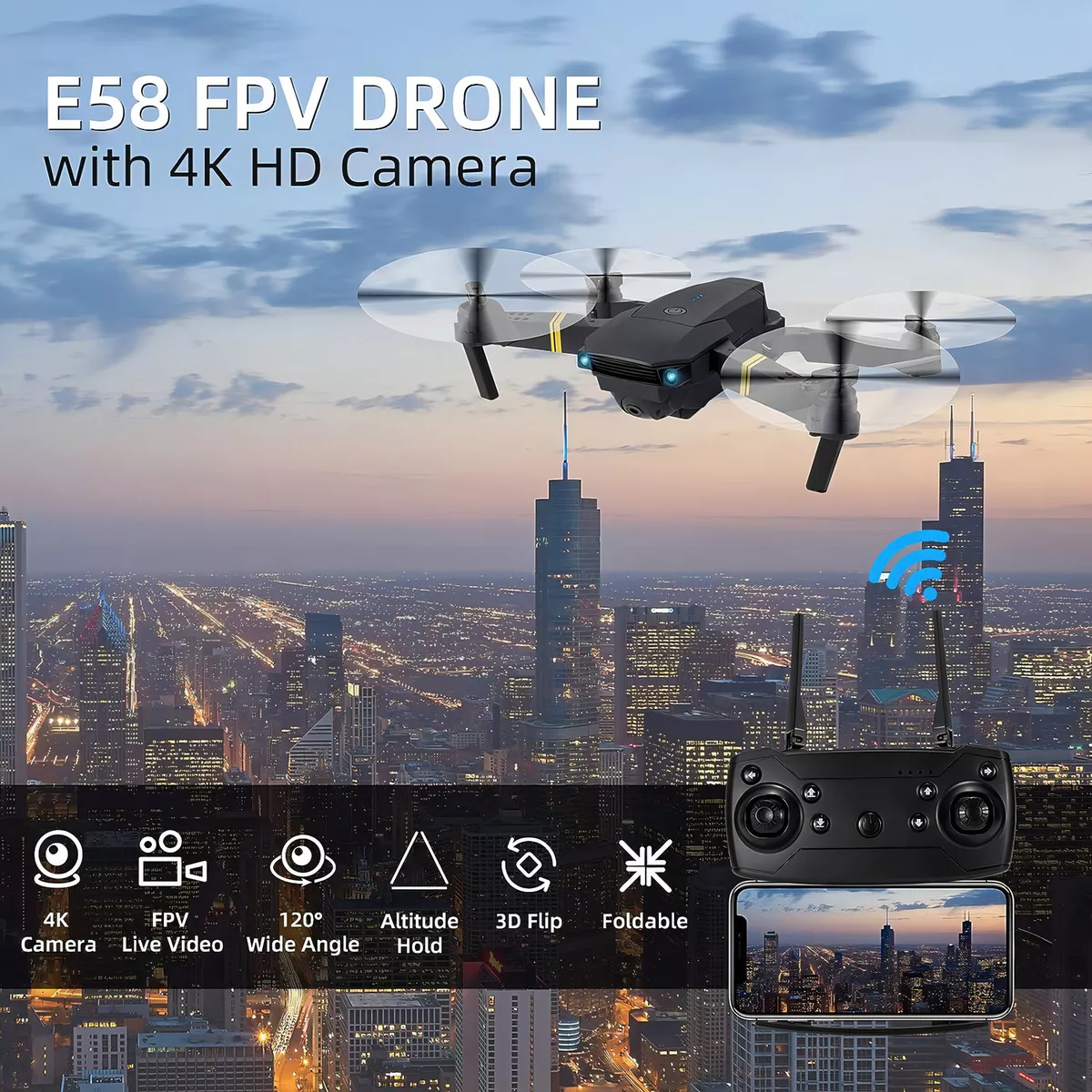 Mini drone Jazimerch 4k E58 Dual camera con dual cámara 4K negro 2.4GHz 3 baterías