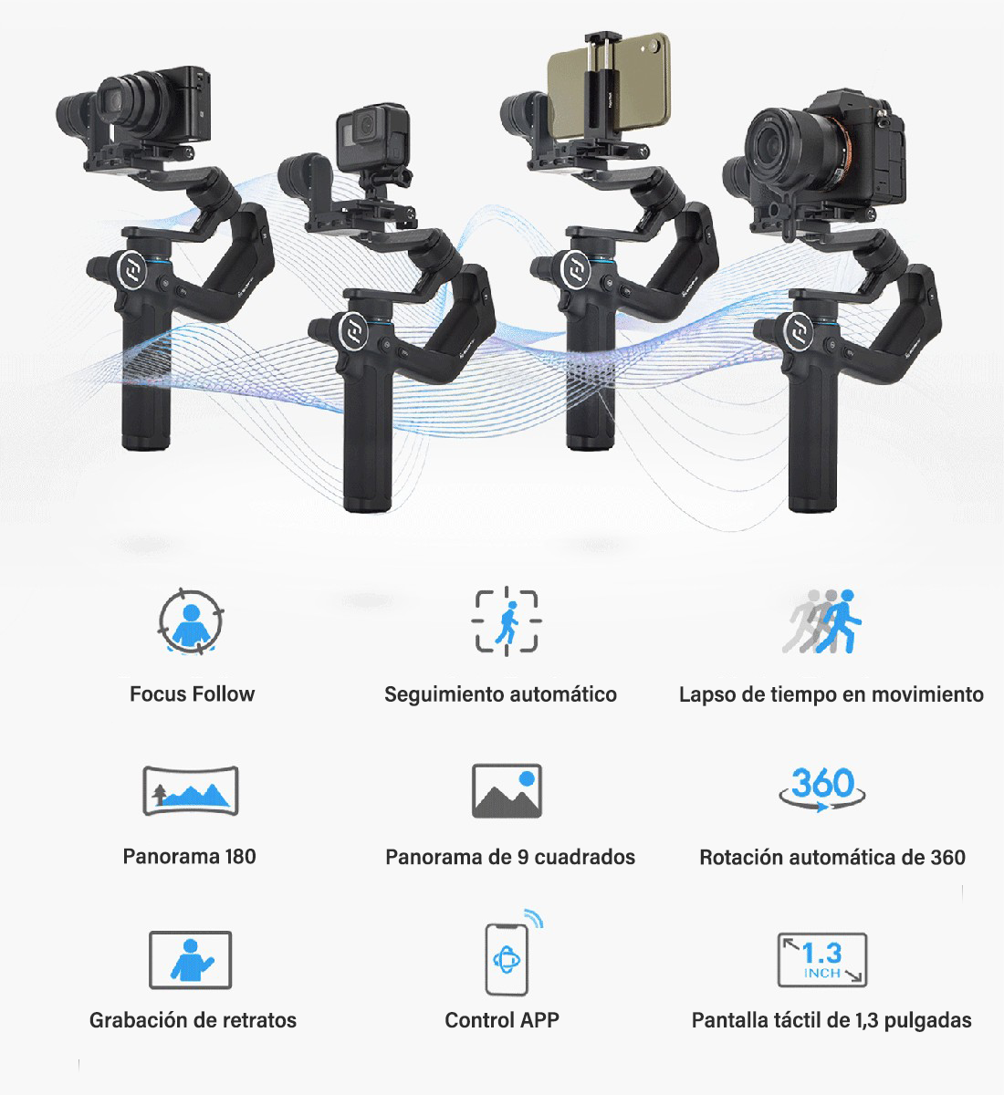 Gimbal 4 en 1 Satisface Todas Tus Necesidades(Soporta cualquier c&aacute;mara y tel&eacute;fono m&oacute;vil)