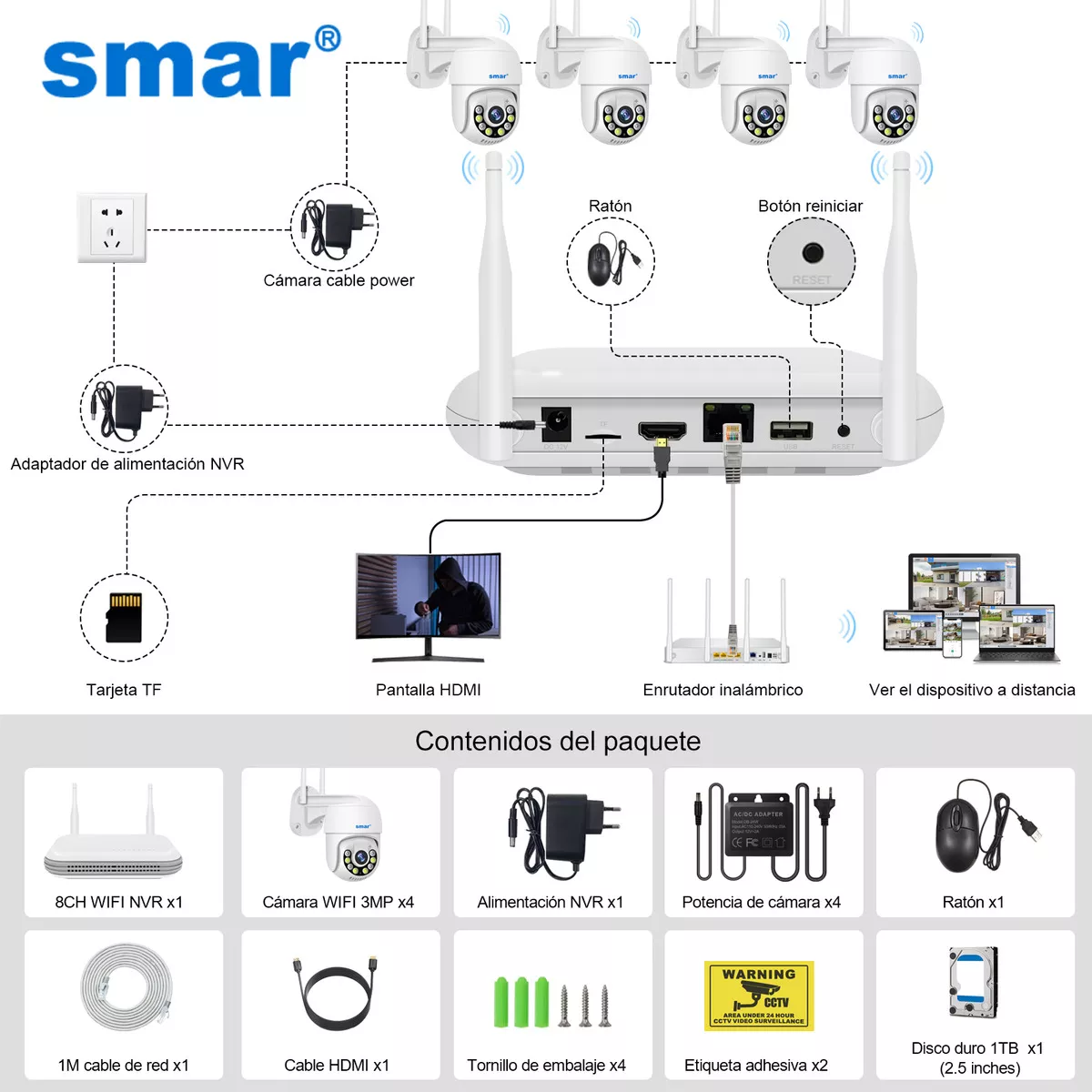 kit De Camaras Videovigilancia 4 Wifi Camaras 3mp Disco 1tb+Voz bidireccional y seguimiento automático