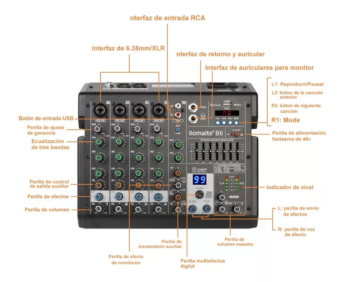 Consola De Mezclador B6 Profesional De 6 Canale 99dsp Efecto