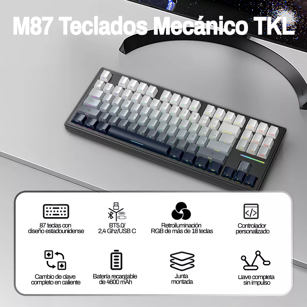 Attack Shark M87 Teclado Mecánico Bluetooth Inalámbrico De Tres Modos Con Cable Rgb Junta Personalizada Teclado Para Juegos Intercambiable En Caliente Negro