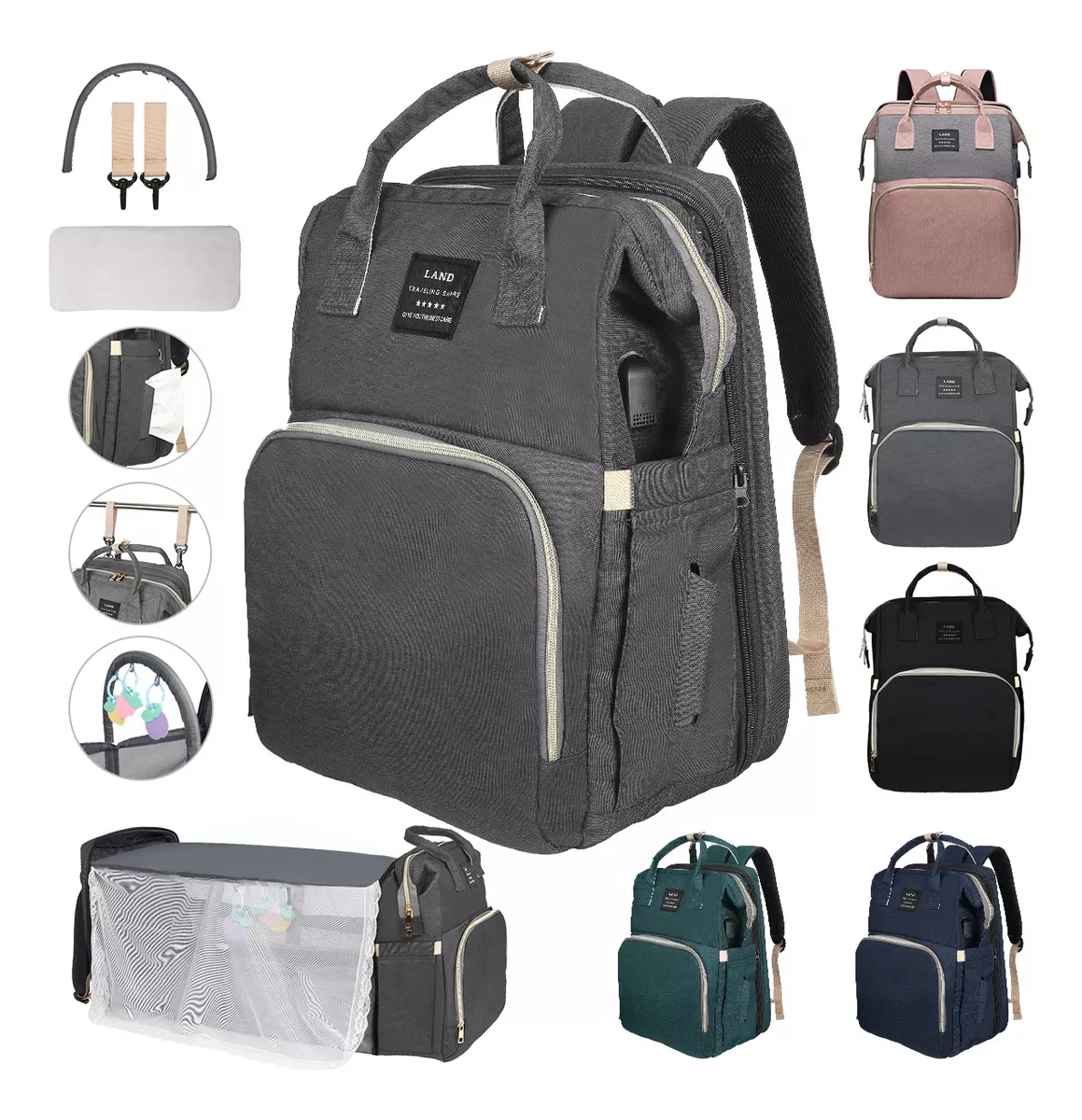Pa&ntilde;alera Mochila Impermeable Usb Cargo Mosquitero Y Juguete