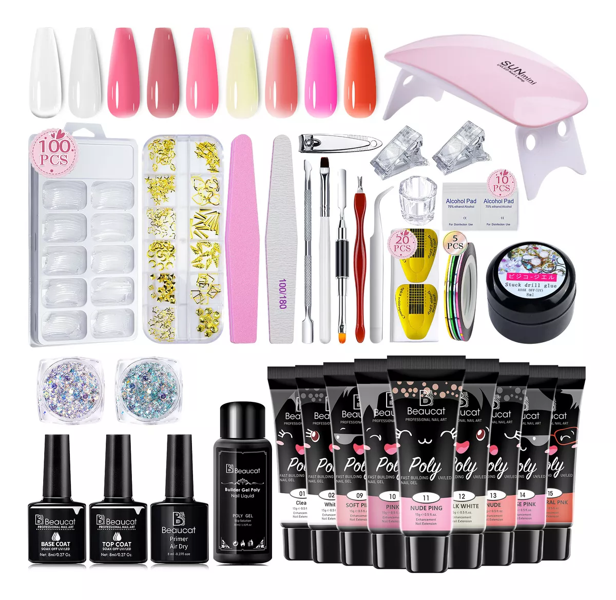 kit Para De U&ntilde;as Polygel Completo Acrilicas Beaucat 38 Pcs
