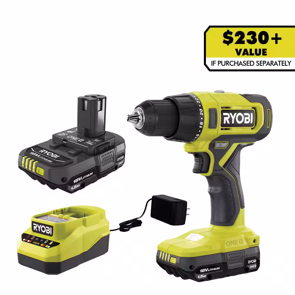 Kit de taladro/destornillador inal&aacute;mbrico RYOBI ONE+ de 18 V de 1/2 pulg. con (2) bater&iacute;as de 1,5 Ah y cargador PCL206K2