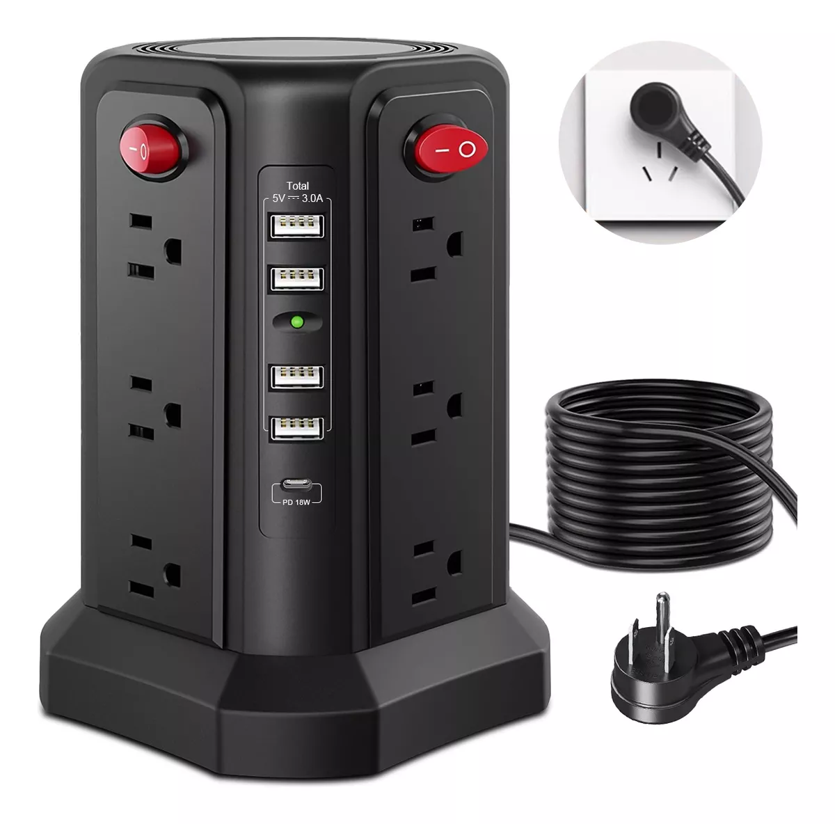 Multicontacto Torre Con 12 Ac/4 Cargador Usb 1 Tipo C, 3m