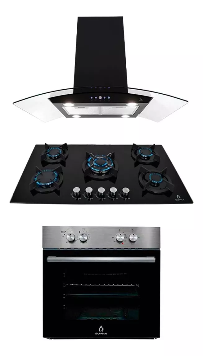 Supra Parrilla Empotrable + Campana De Isla + Horno A Gas color Negro