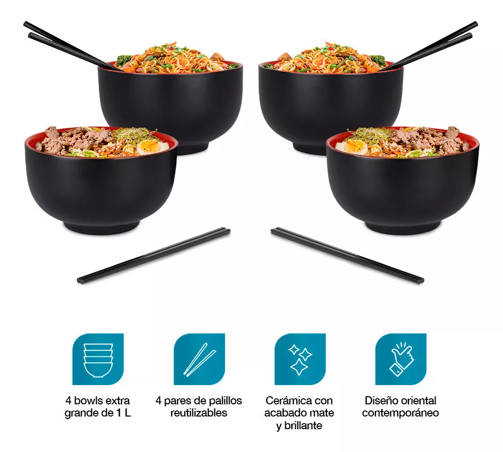 4 Platos de Cerámica para Ramen Extra Grandes (1 Litro), Incluye 4 Palillos Reutilizables de Melamina, Bowls para Noodles, Comida Japonesa y Asiática, Sopa, Cereal