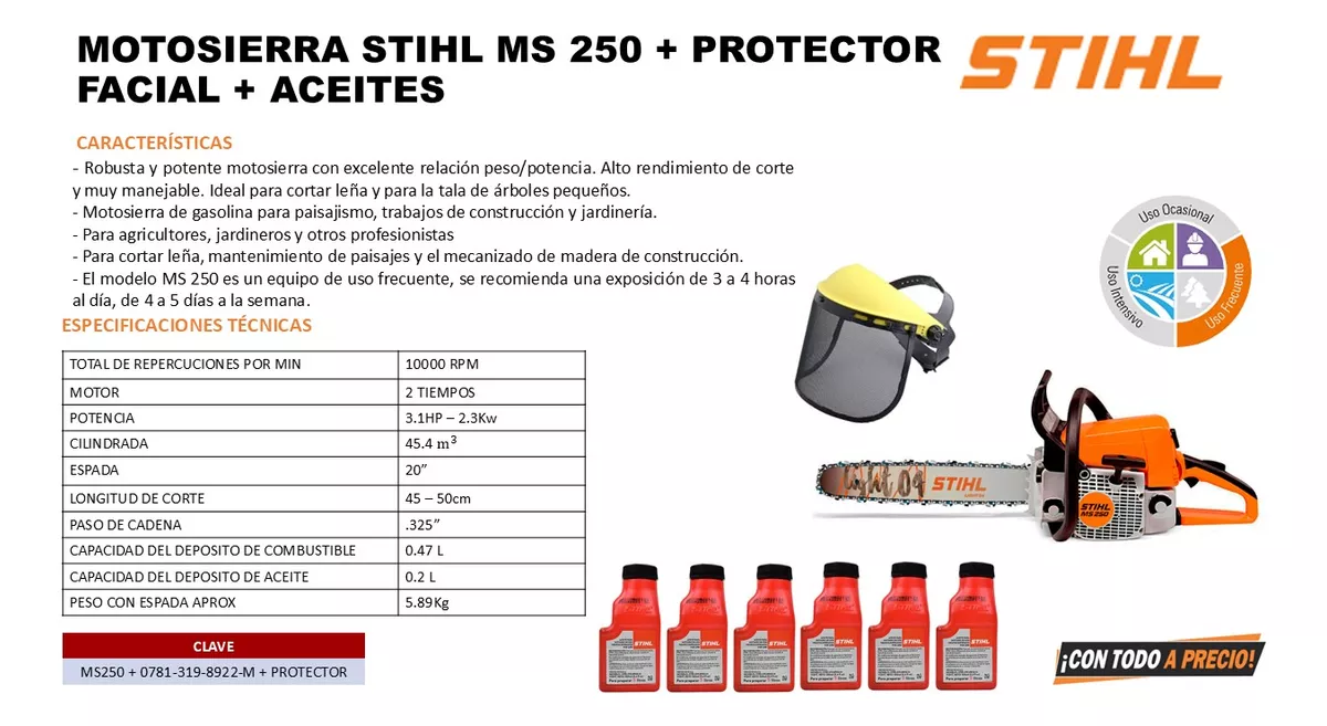 Motosierra A Gasolina Stihl Ms 250 3.1 Hp 2 Tiempos 20 PuLG
