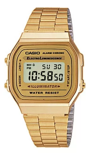 Reloj pulsera digital Casio A-168 con correa de acero inoxidable color plateado-fondo gris/negro/azul