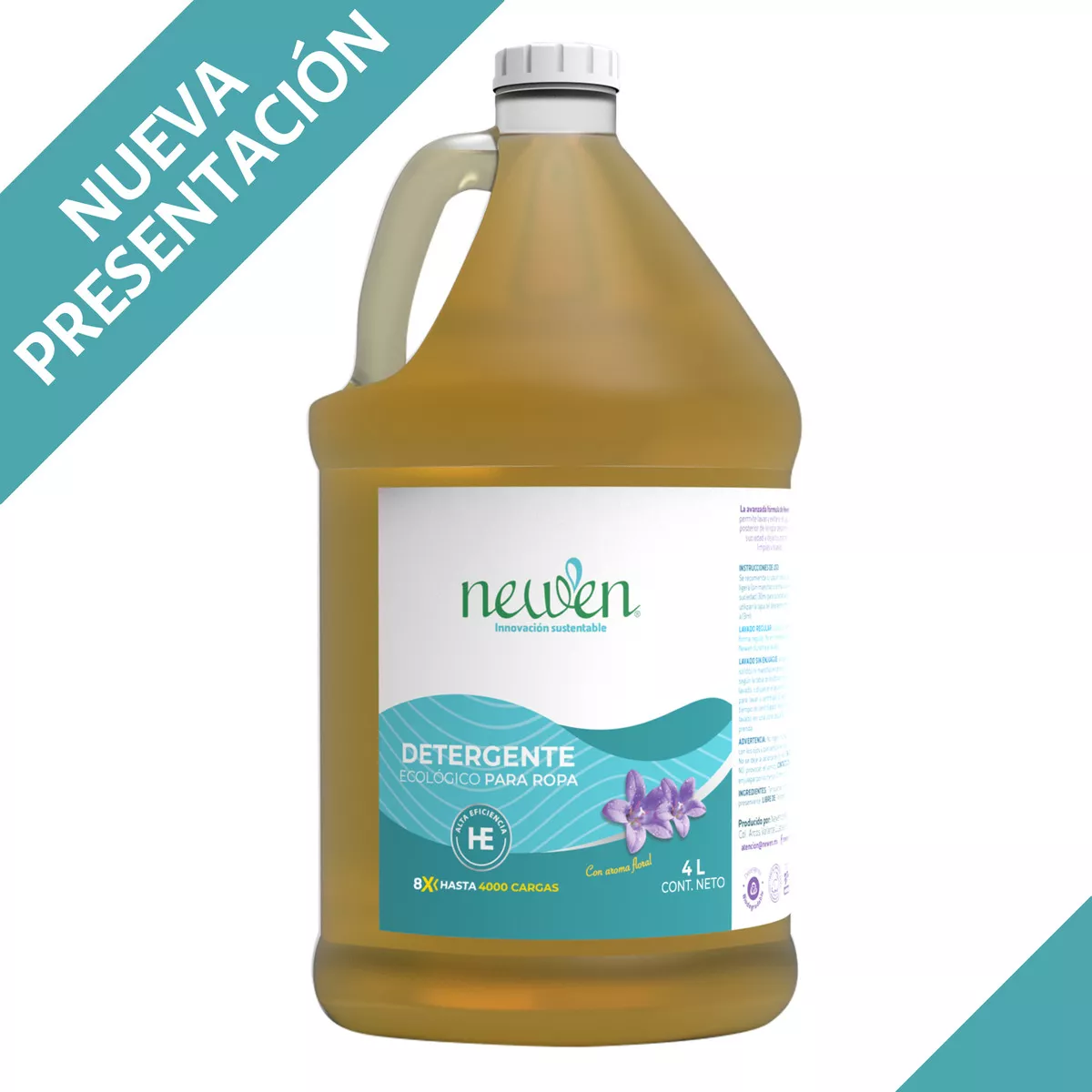 Newen 4 litros detergente líquido sin enjuague para ropa biodegradable con pH neutro y rinde hasta 400 cargas de lavado
