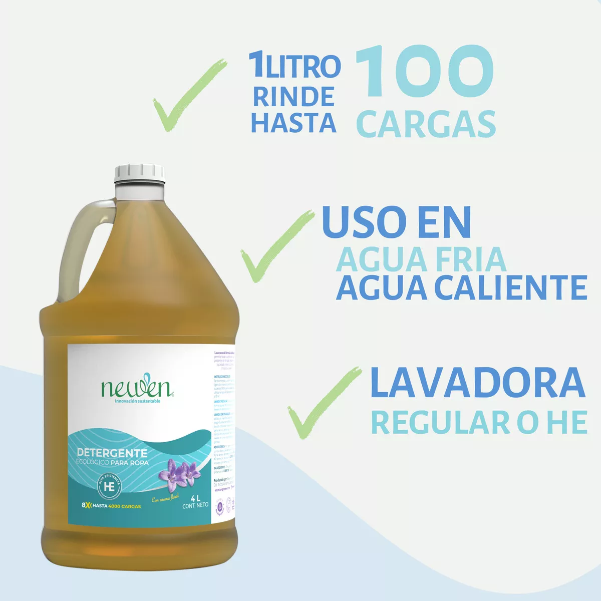 Newen 4 litros detergente líquido sin enjuague para ropa biodegradable con pH neutro y rinde hasta 400 cargas de lavado