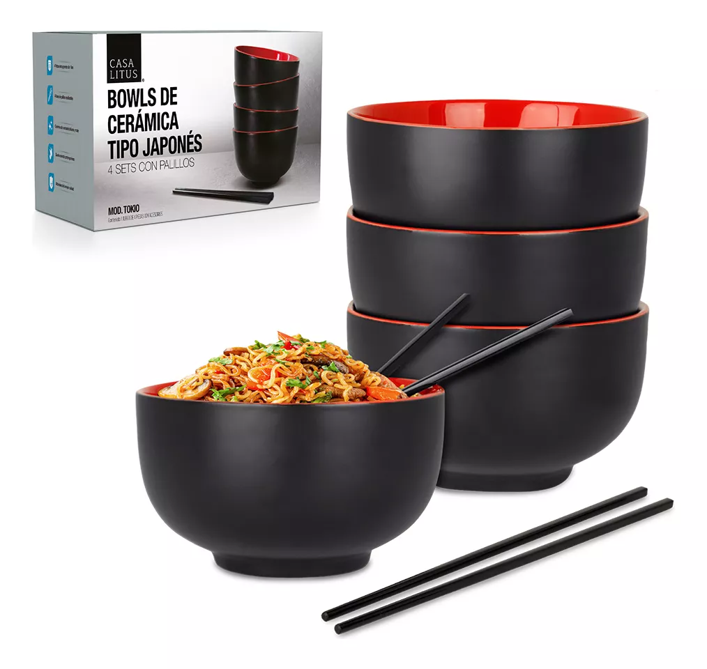 4 Platos de Cer&aacute;mica para Ramen Extra Grandes (1 Litro), Incluye 4 Palillos Reutilizables de Melamina, Bowls para Noodles, Comida Japonesa y Asi&aacute;tica, Sopa, Cereal
