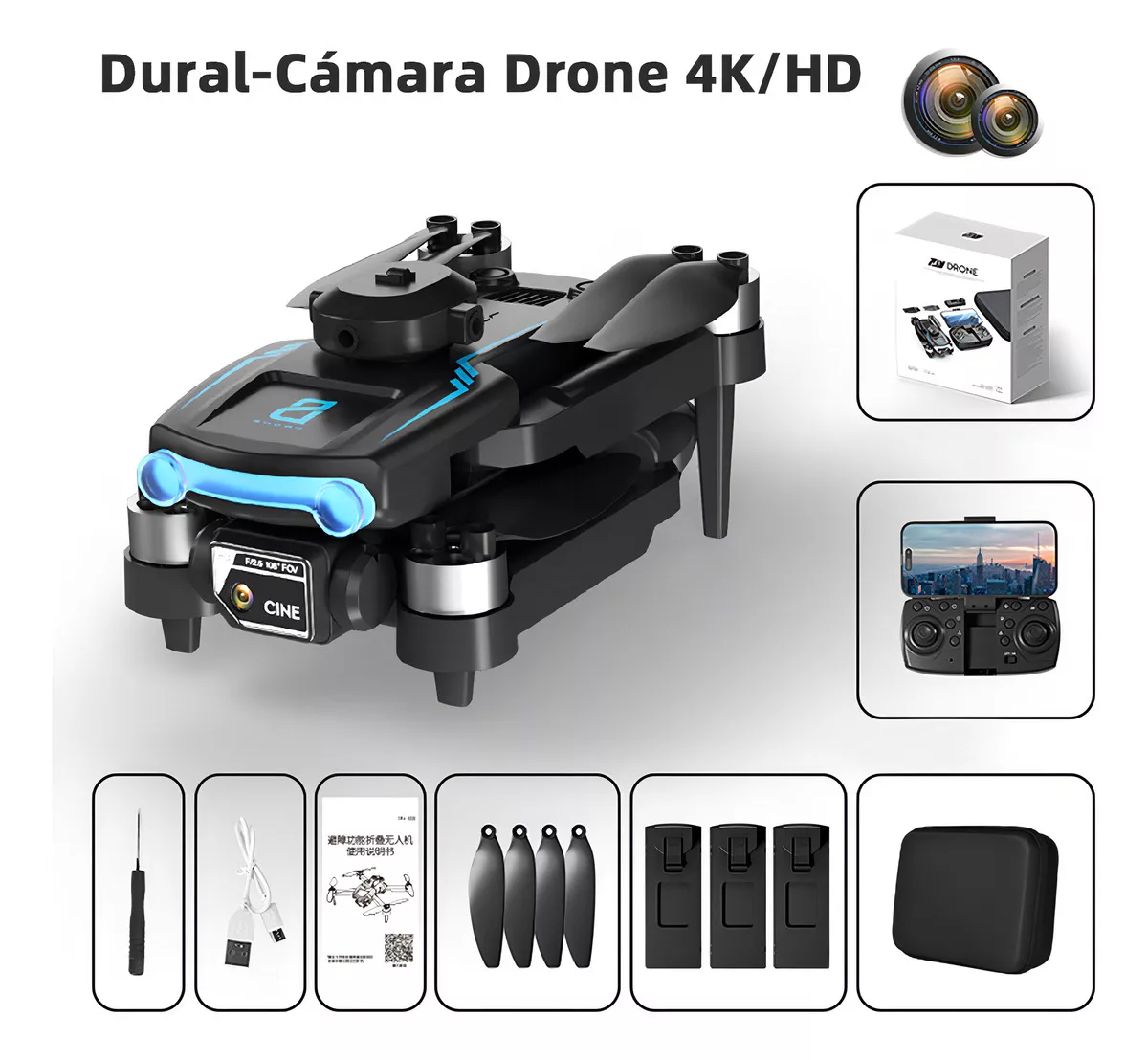 Mini Dron 4K con Doble Cámara HD Profesional Plegable Wifi Tres Baterías Sin Escobillas 2.4Ghz Negro